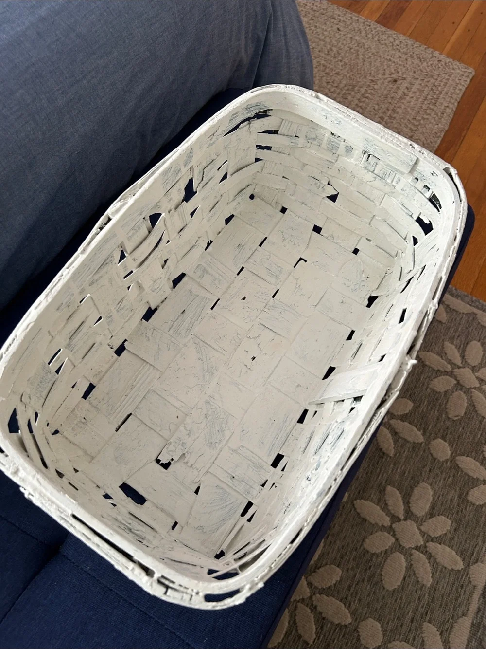 Vintage woven wood Storage Basket in White